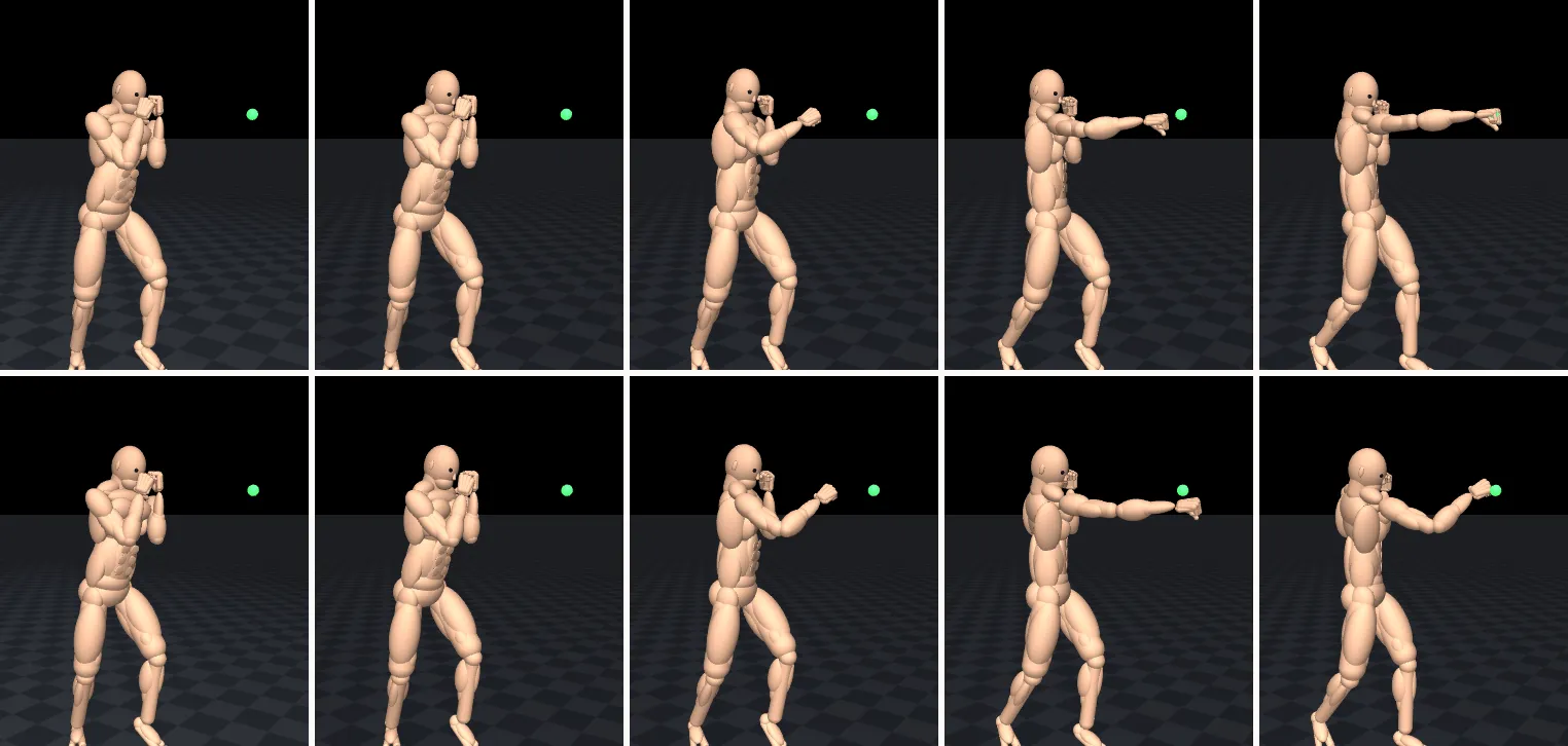 Two rows of five frames of the MuJoCo fighter throwing a cross; the bottom row reaches the green target sooner and is pulling back by the last frame