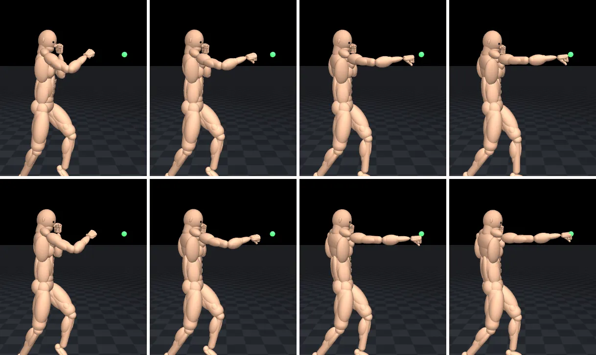 Two rows of four side-view frames of the MuJoCo fighter throwing a cross; in the bottom row the arm straightens fully and the fist reaches the green target