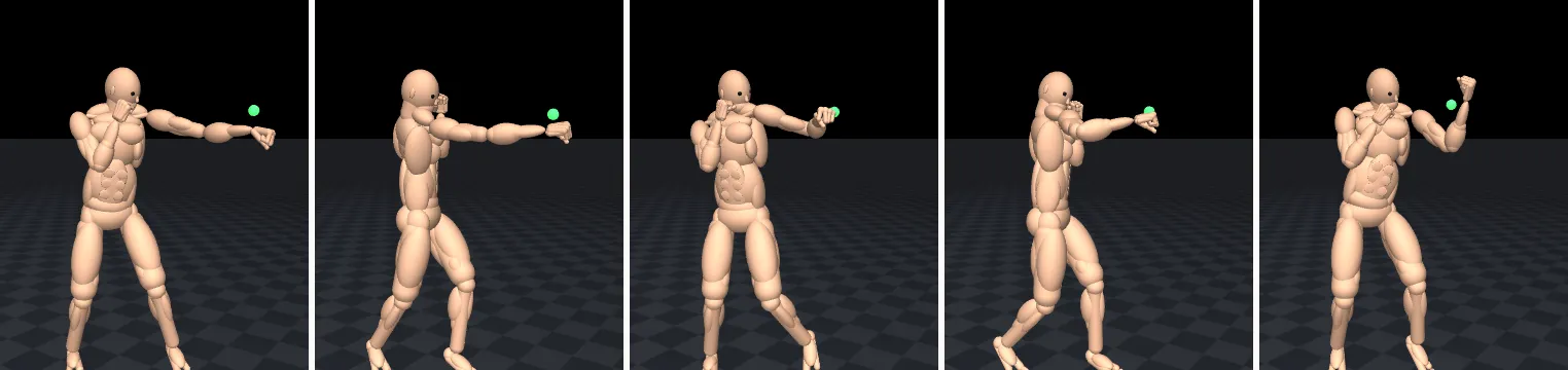 Five frames of the MuJoCo fighter at the moment of impact of a jab, cross, left hook, right hook and uppercut