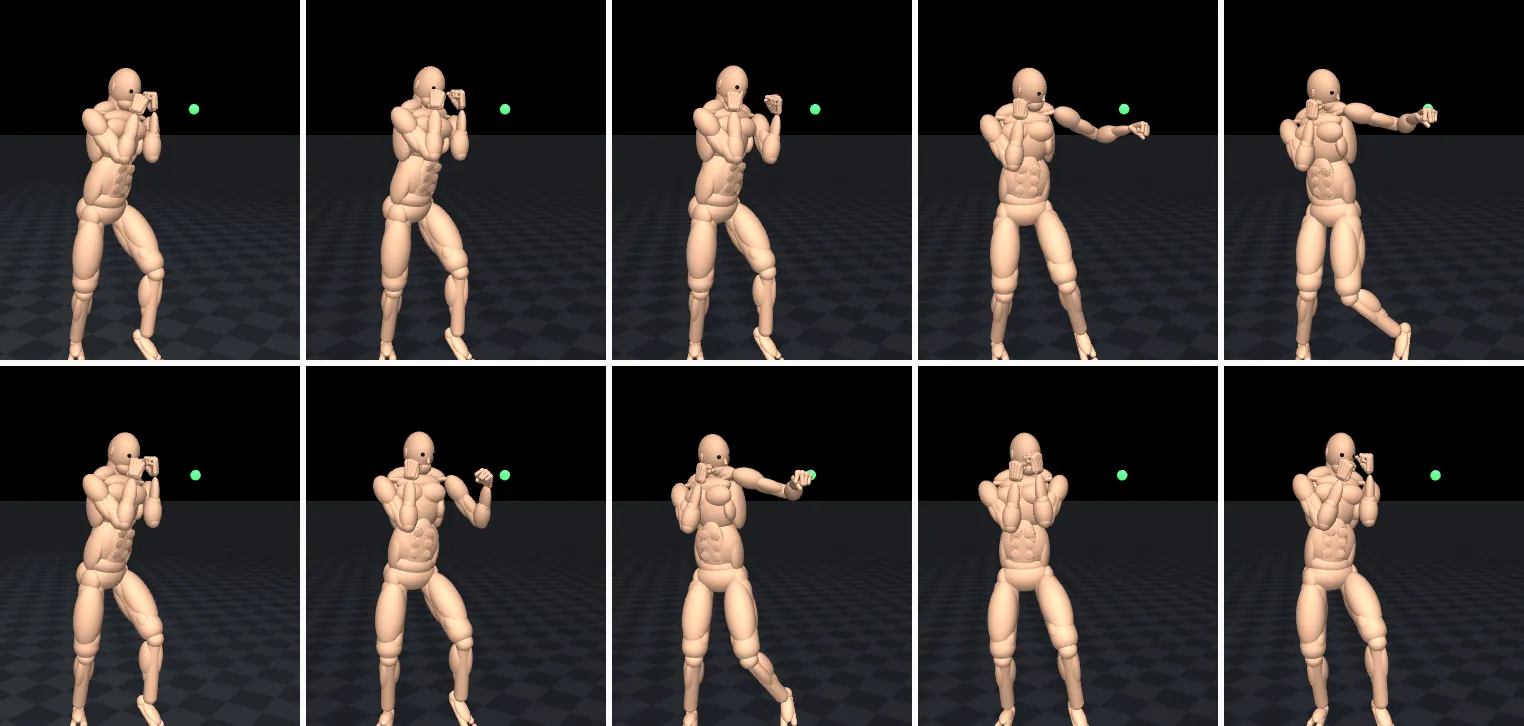 Two rows of five frames of the MuJoCo fighter throwing a left hook; in the bottom row the fist reaches the green target two frames earlier and returns to the guard
