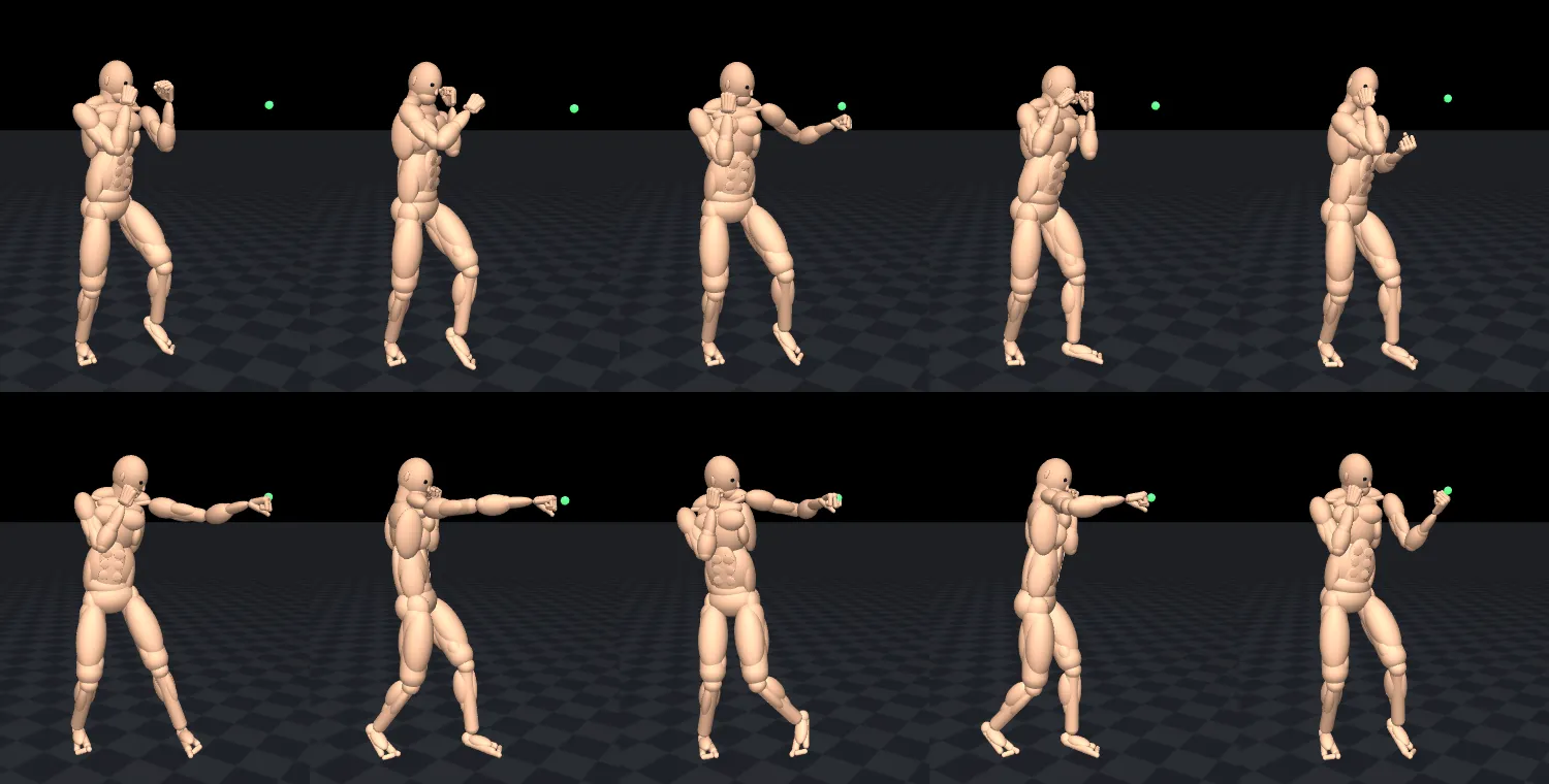 Ten frames of the MuJoCo fighter throwing a jab, cross, left hook, right hook and uppercut at a green target dot, before and at the impact
