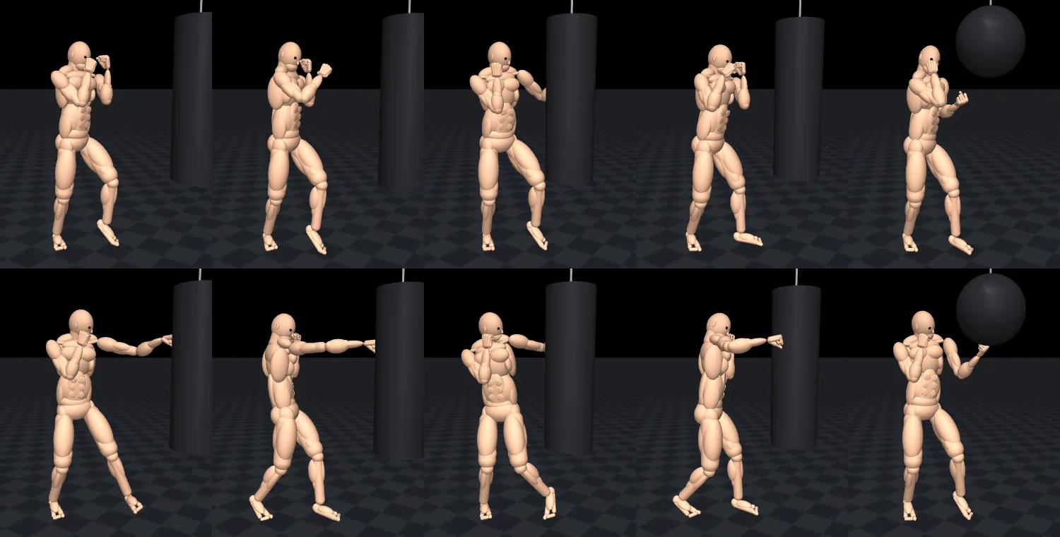 Ten frames of the MuJoCo fighter hitting a hanging heavy bag with a jab, cross and both hooks, and a hanging ball with an uppercut