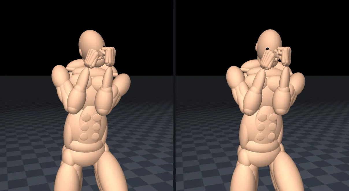 Two close-ups of the MuJoCo fighter in its guard: on the left the head tilted to the side, on the right the head level