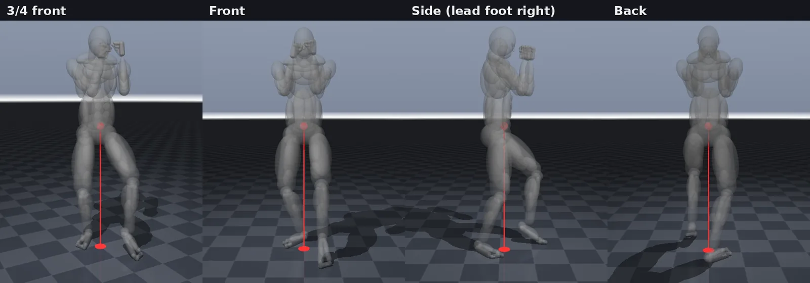 The solved stance shown from four angles with the centre of mass projected to the floor