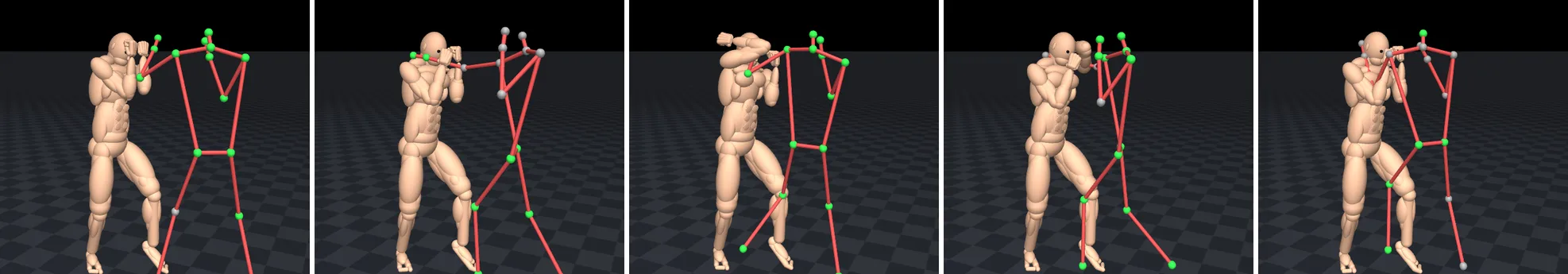 Five side views of the MuJoCo fighter blocking a stick-figure opponent's jab, cross, left hook, right hook and uppercut