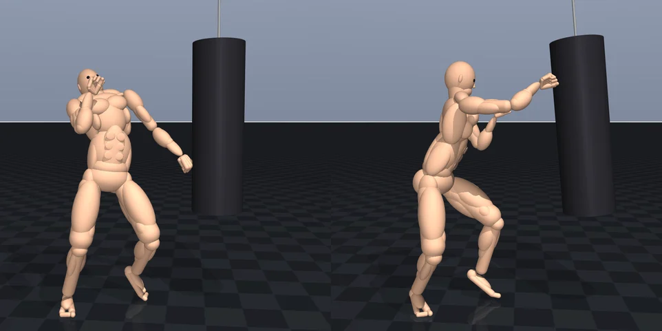 Two MuJoCo frames of the fighter: leaning back with the right fist drawn back, then driving a right straight into the top of the heavy bag