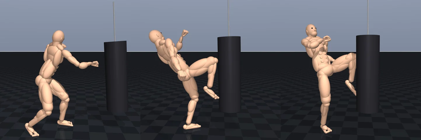 Three MuJoCo frames of the muscular fighter at a heavy bag: a rear straight to the body, a rear knee driven up into the bag, and a switch knee into the bag
