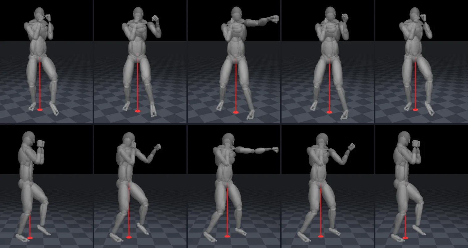 Five key frames of the jab reference on the grey MuJoCo body, from the front three-quarter view and from the side