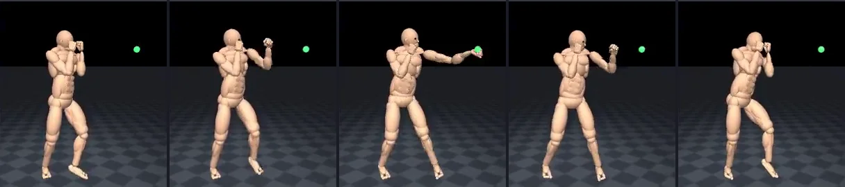 Five frames of the trained MuJoCo fighter throwing a jab at a green target ball and returning to its guard