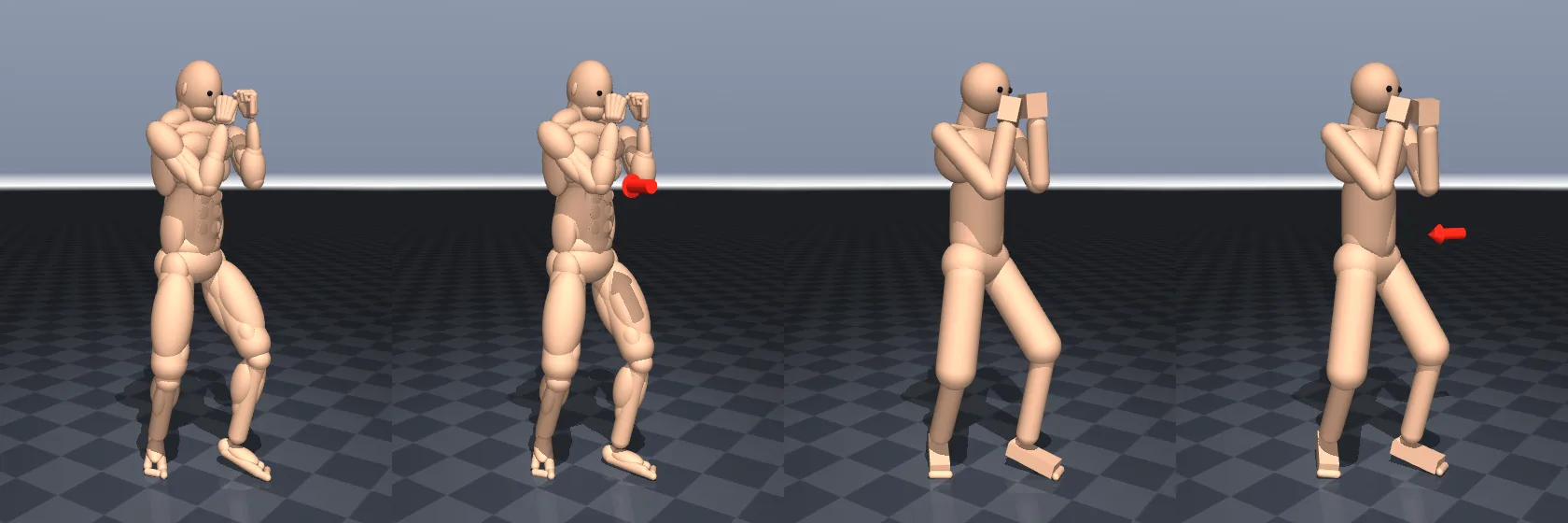 Four side views of the MuJoCo fighter in the Muay Thai stance: the muscular body standing and being shoved, then the simple body standing and being shoved, with a red arrow for each shove