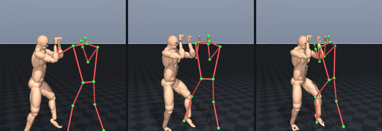 Three MuJoCo frames of the muscular fighter in a high guard facing an opponent drawn as a red stick figure with green and grey joint markers, throwing a jab, a hook and an uppercut