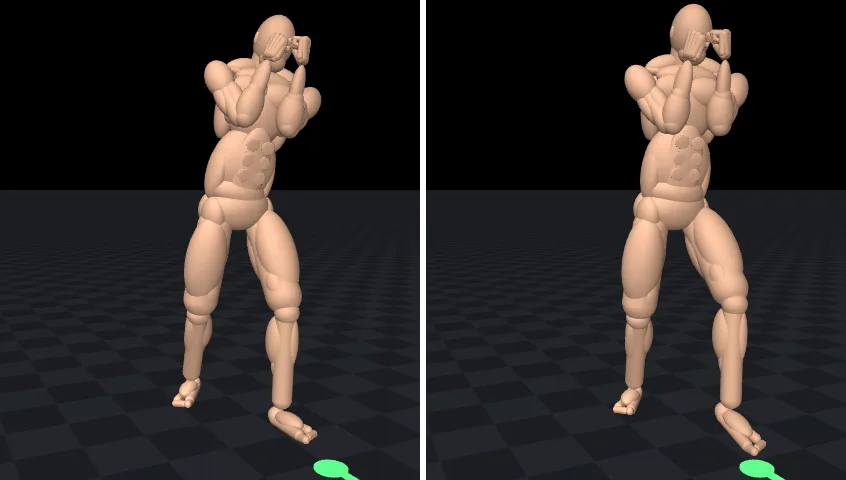 Two front views of the MuJoCo fighter mid-step: on the left the trunk leans diagonally over the front leg, on the right it stays upright