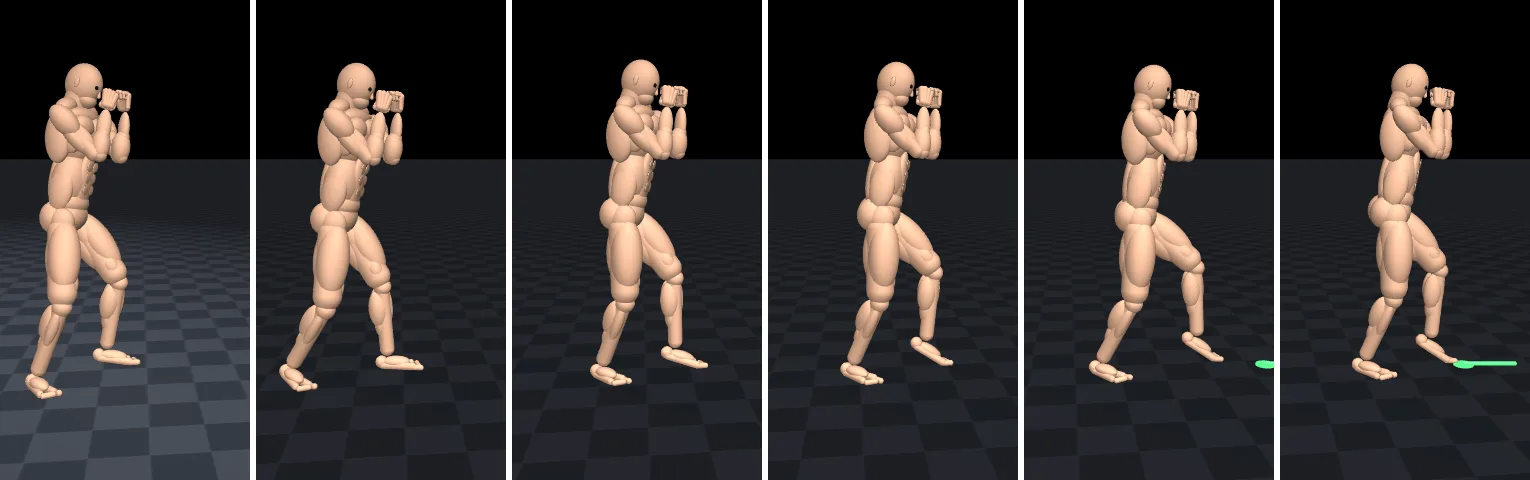Six side-view frames of the MuJoCo fighter in a Muay Thai guard stepping forward towards a green marker on the floor