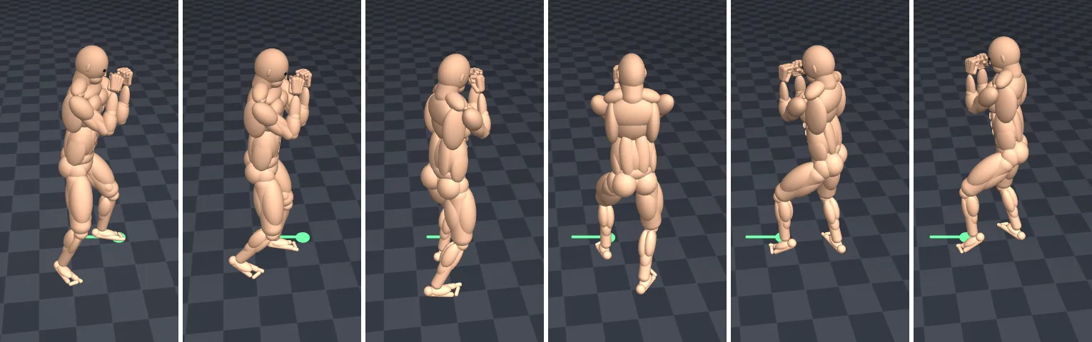 Six frames of the MuJoCo fighter pivoting on its lead foot until it faces the opposite direction